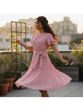 70s BOSTON MAID PINK DANCING DRESS W MICRO PLEAT BODICE & CIRCLE SKIRT SZ 8